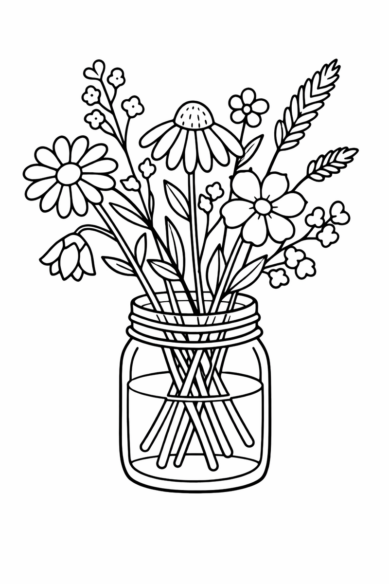 A handful of loose wildflowers and grasses in a little mason jar of water with stems crisscrossing coloring page