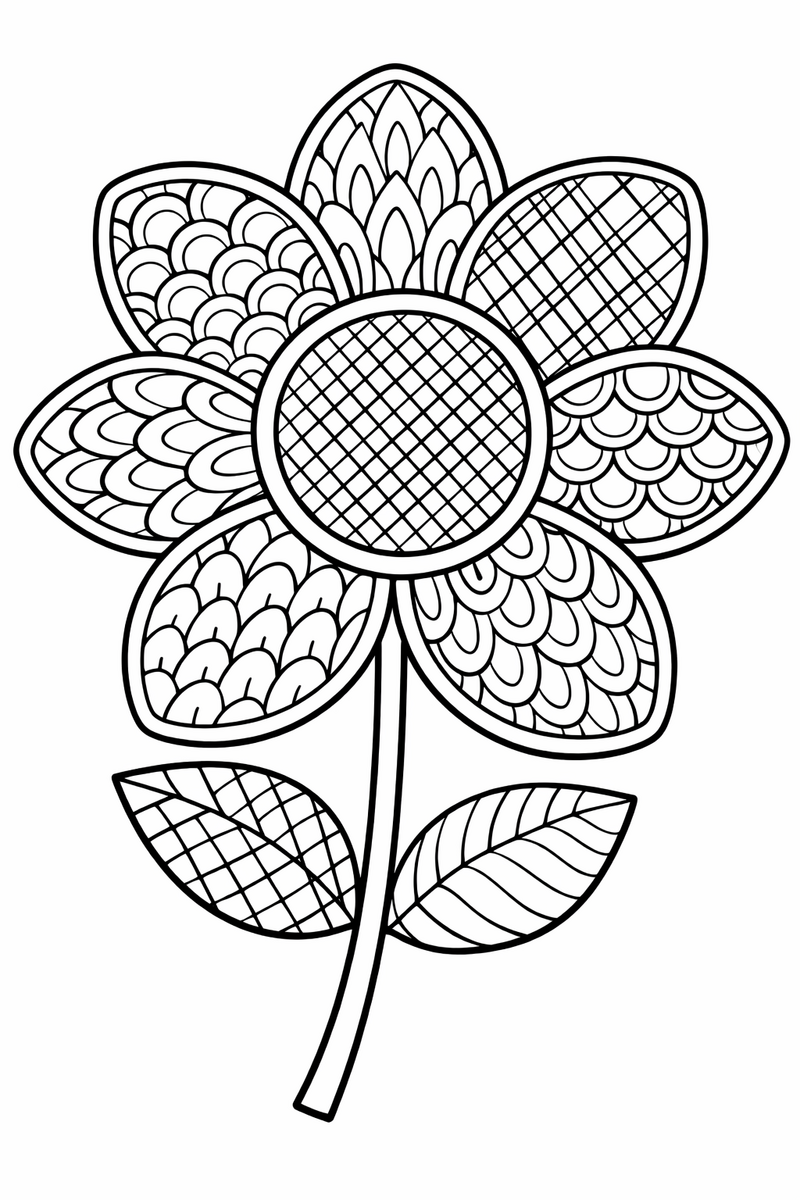 One large flower brimming with intricate zentangle fillings of scallops, teardrops and cross-hatching coloring page