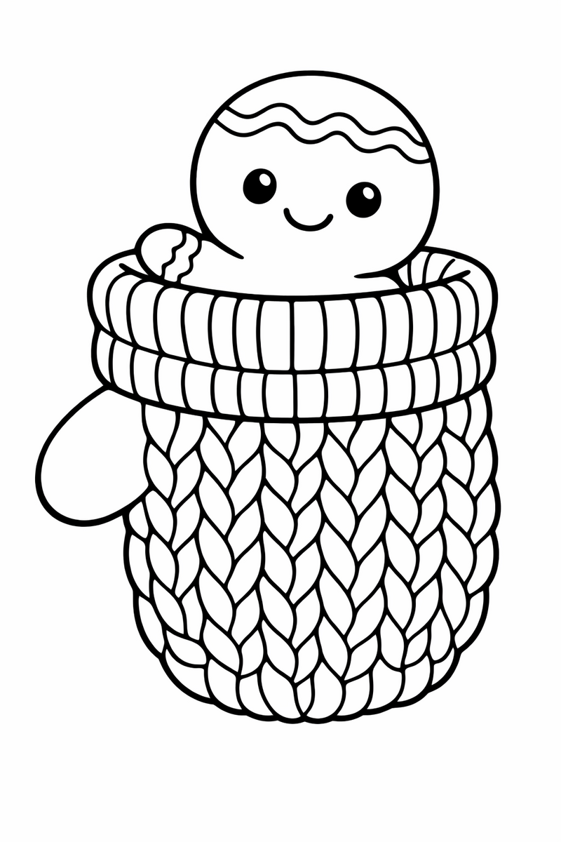 A tiny gingerbread baby cookie sitting inside a soft knitted mitten with only its head and one little arm poking out of the cuff coloring page