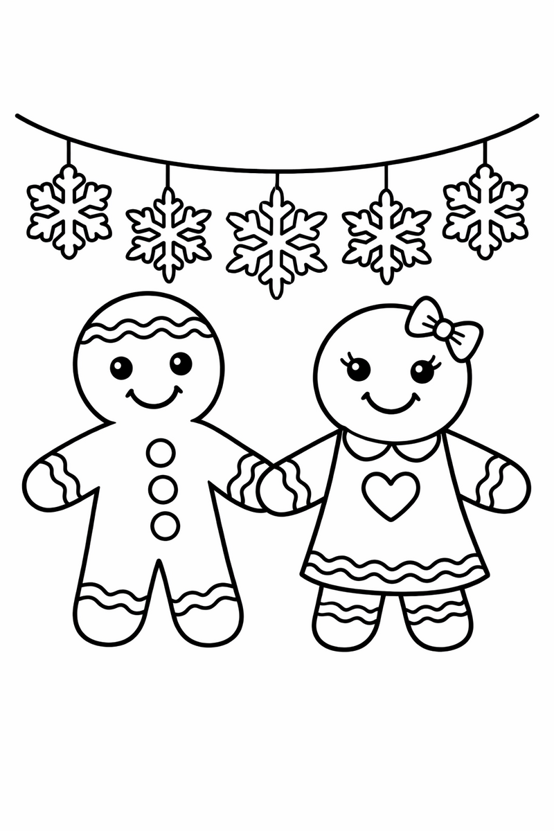 A gingerbread man and a gingerbread girl holding hands side by side under a string of hanging paper snowflakes coloring page