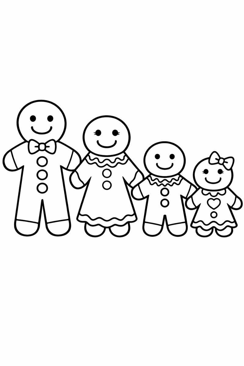 A gingerbread family of four cookies lined up from tallest to smallest, each one iced with different buttons and a different collar coloring page