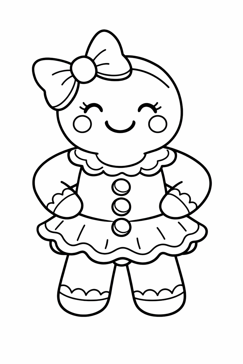 A gingerbread girl cookie with a big bow on her head, an icing ruffle dress and round candy buttons, smiling with her hands on her hips coloring page