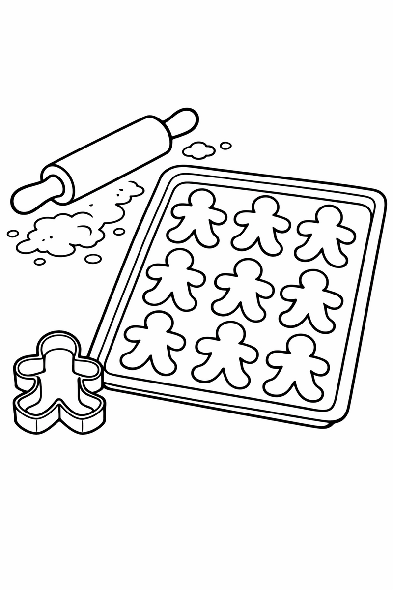 A tray of freshly cut gingerbread man cookies beside a rolling pin and a metal cookie cutter on a floury kitchen table coloring page