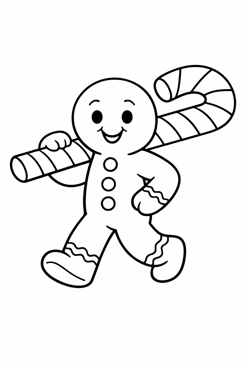 A gingerbread man cookie carrying a big striped candy cane over one shoulder like a walking stick coloring page