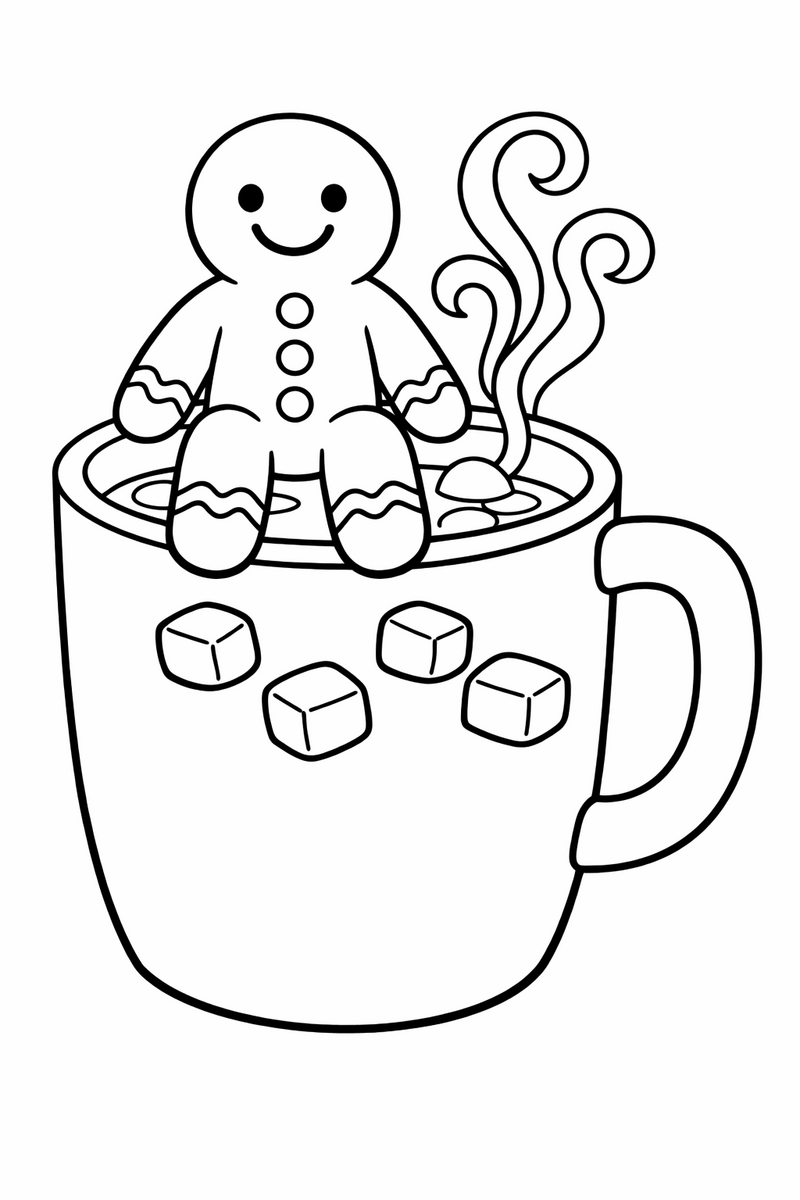 A gingerbread man sitting on the rim of a big mug of cocoa with marshmallows floating below him and steam curling up past his feet coloring page