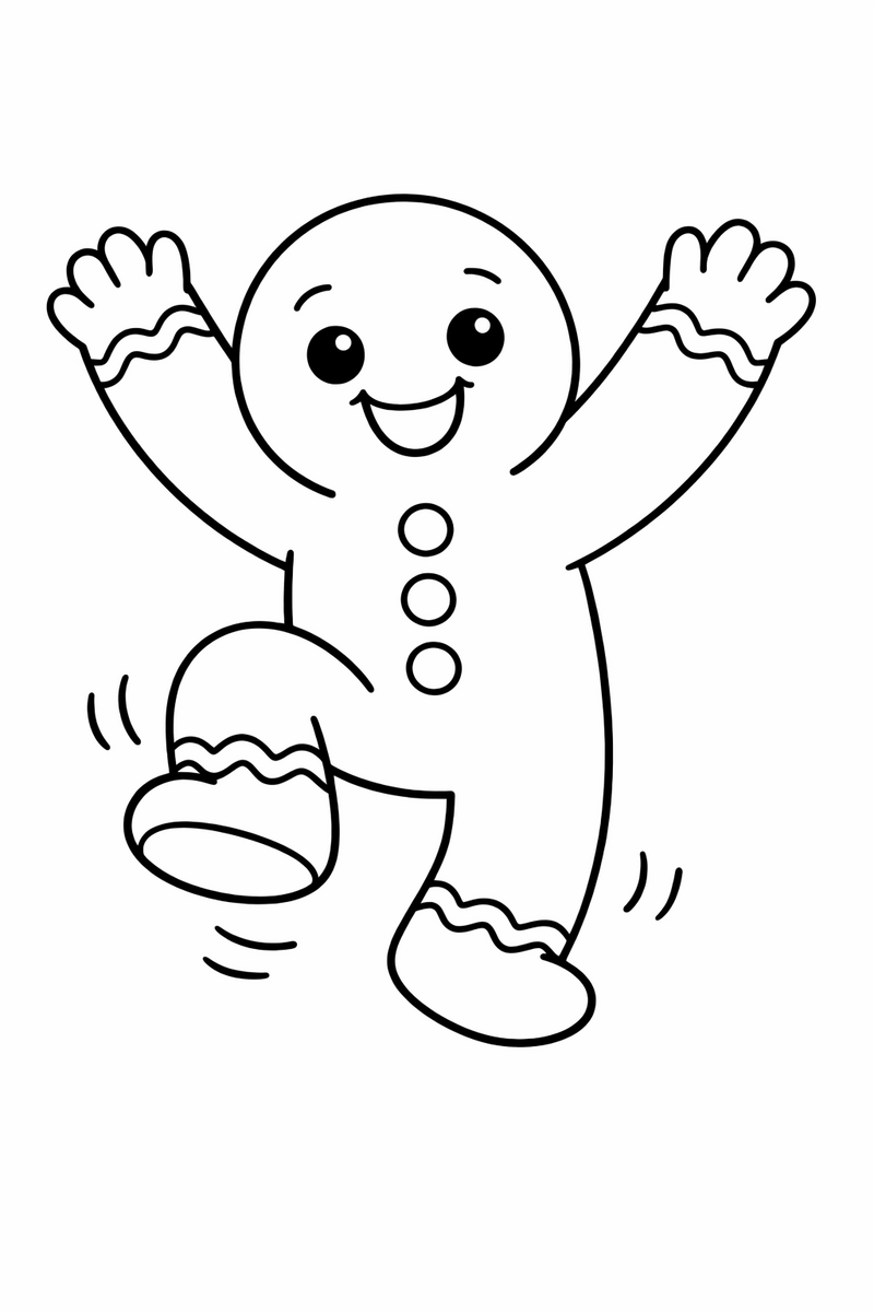 A gingerbread man cookie dancing with both arms flung up, one knee bent high and little motion lines around his feet coloring page