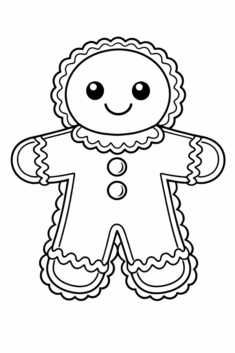 A highly detailed gingerbread man cookie with a crimped biscuit edge, fine piped icing lace along his arms and legs and a scalloped collar coloring page