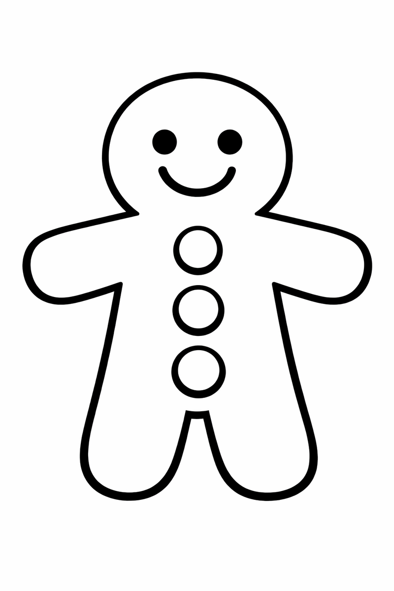 A very simple smiling gingerbread man drawn with extra thick outlines, three big round buttons and two dot eyes, nothing small or fiddly coloring page