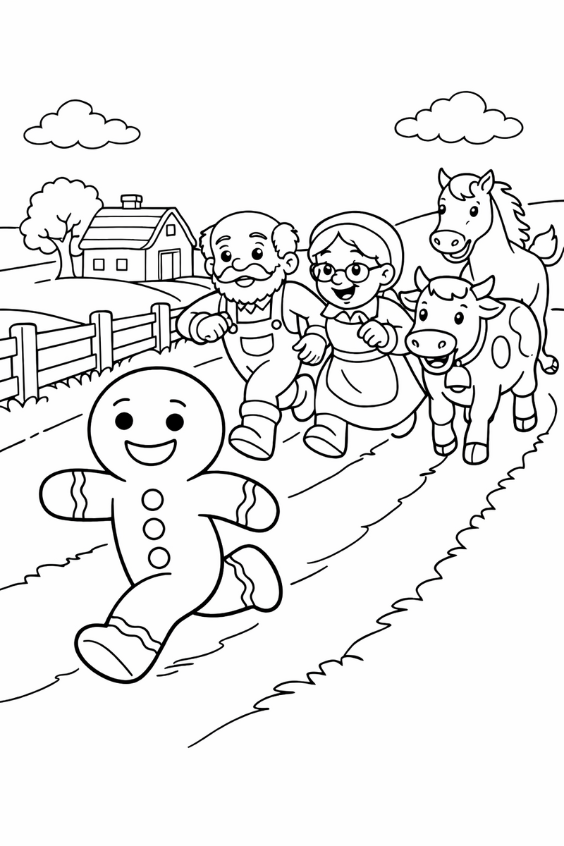 A gingerbread man cookie running down a country lane chased in a line by an old man, an old woman, a cow and a horse coloring page