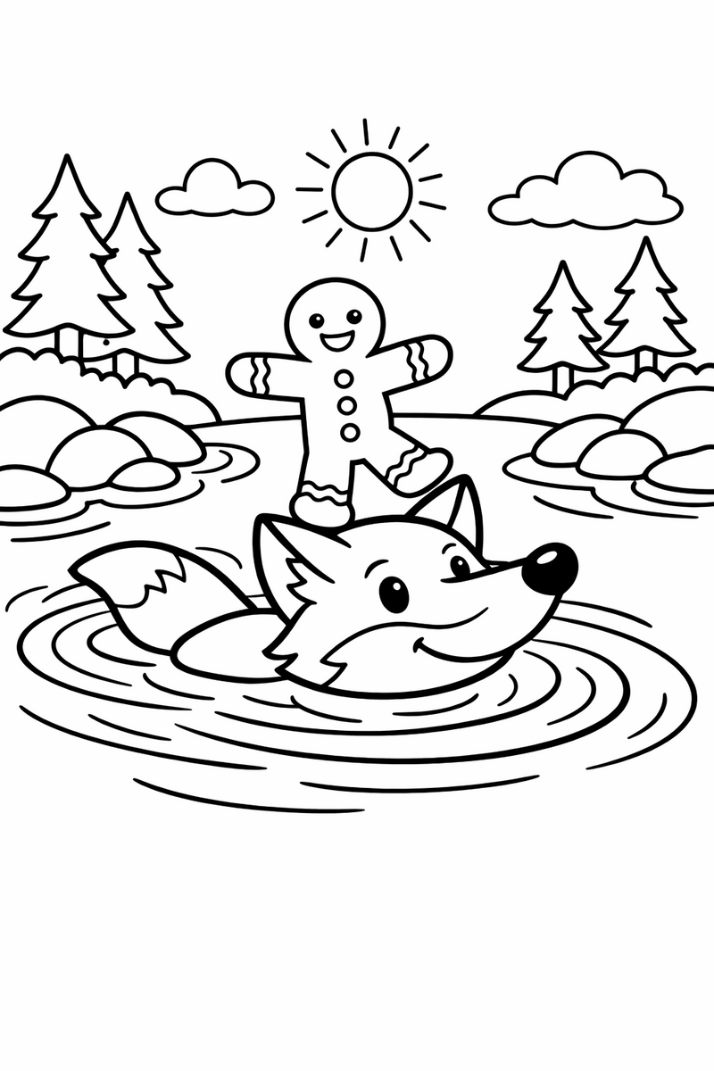 A gingerbread man cookie balancing on the nose of a swimming fox as the two of them cross a river with ripples spreading around them coloring page