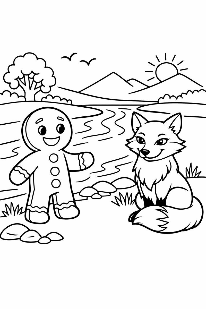 A gingerbread man cookie standing at a riverbank talking to a sly smiling fox who sits with his tail curled around his paws coloring page