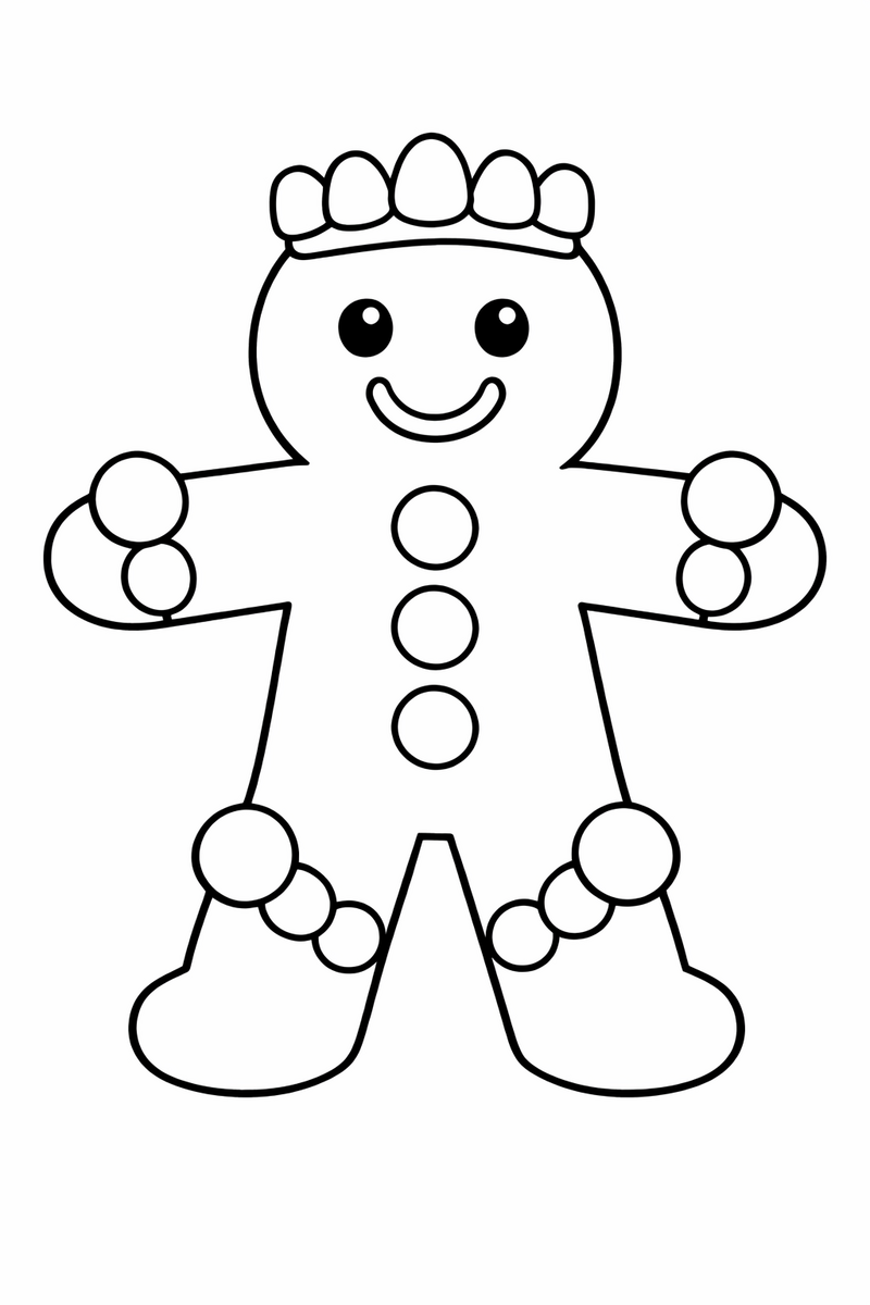 A gingerbread man decorated all over with round gumdrops, one on each shoulder, elbow and knee, and a little gumdrop crown on his head coloring page