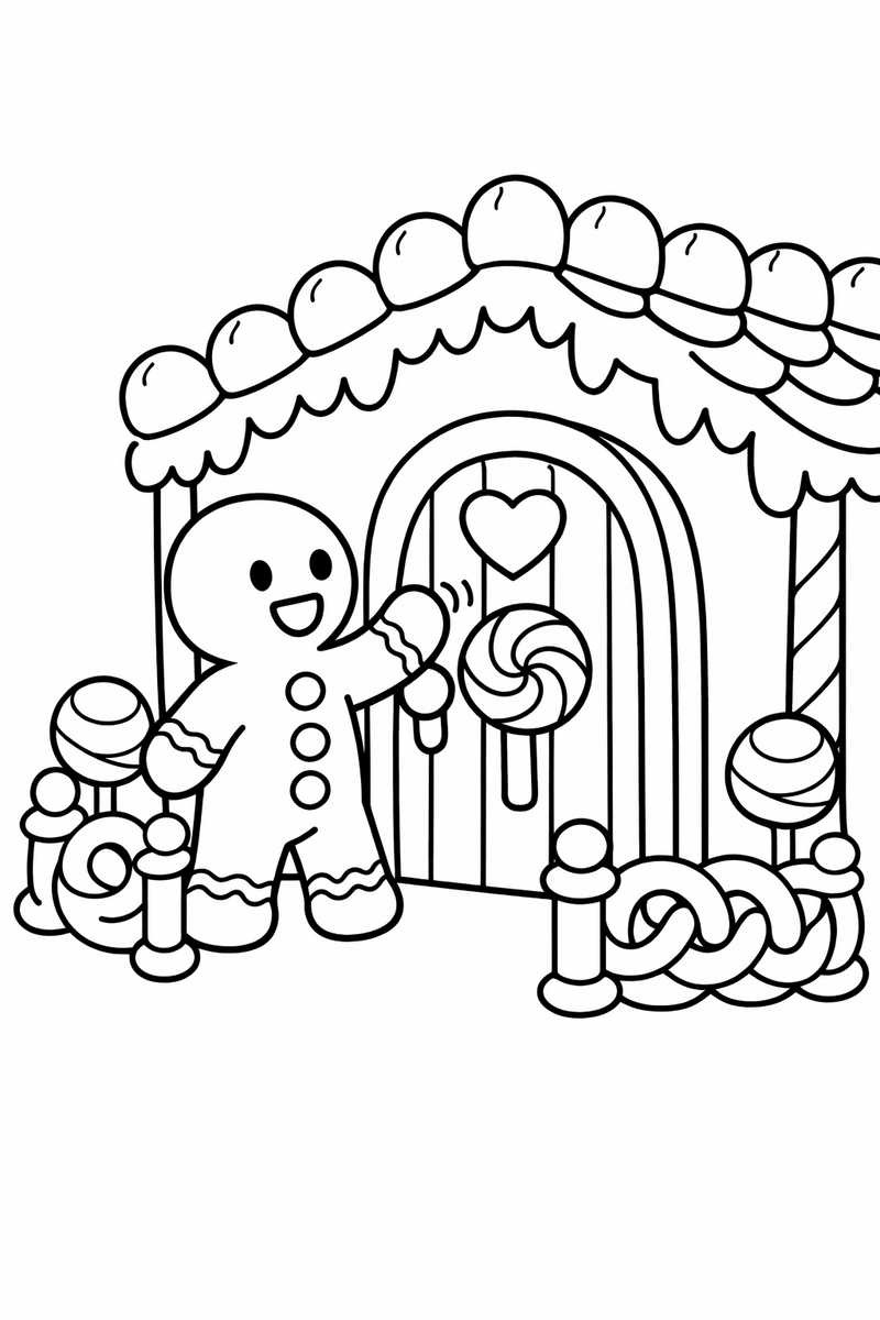 A gingerbread man cookie knocking at the candy door of a gingerbread house with gumdrops along the roof and an icing swirl fence coloring page