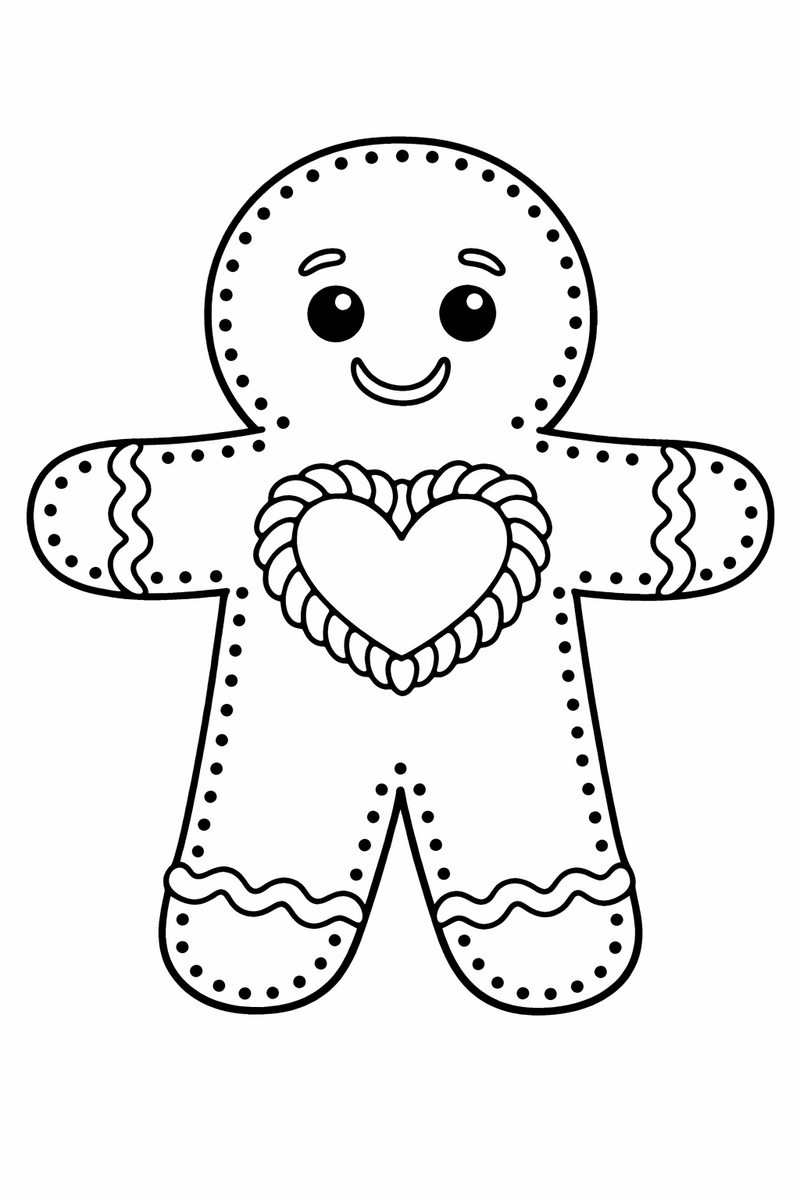 A gingerbread man with a large piped icing heart in the middle of his chest and small dotted borders running around all his edges coloring page