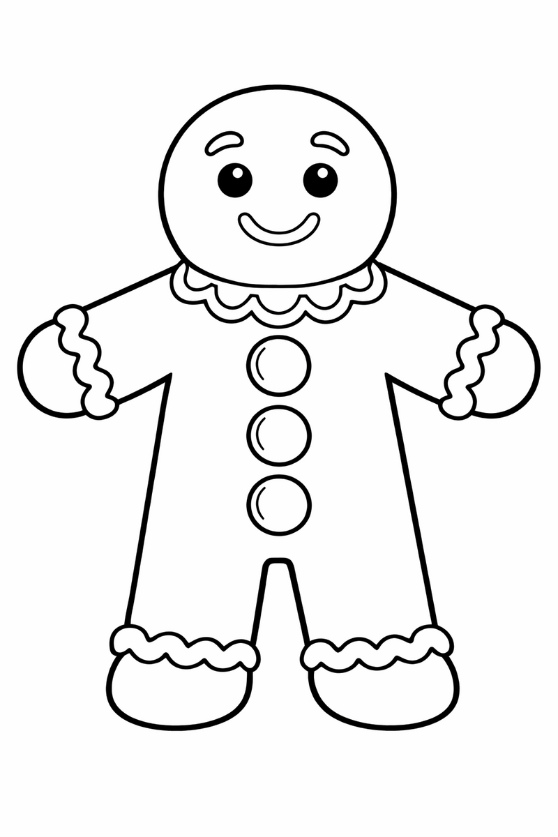 A big gingerbread man filling the page with three extra large round icing buttons down his front, a scalloped icing collar and thick wavy piped icing cuffs at both wrists and both ankles coloring page