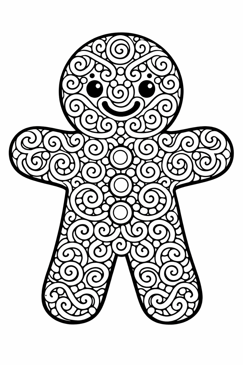 A gingerbread man covered from head to toe in looping piped icing swirls, curls and dots with no plain space left anywhere coloring page