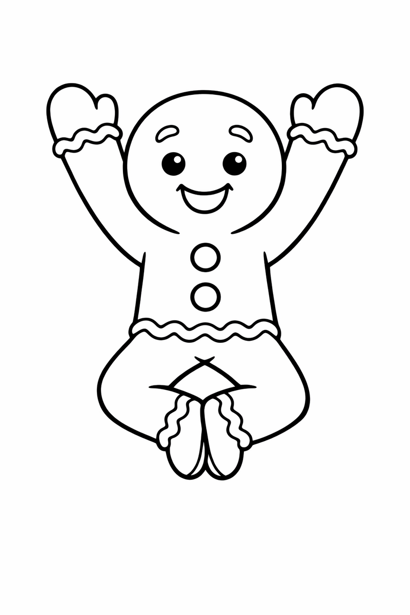 A gingerbread man cookie jumping into the air with both arms stretched straight up and his heels clicking together coloring page
