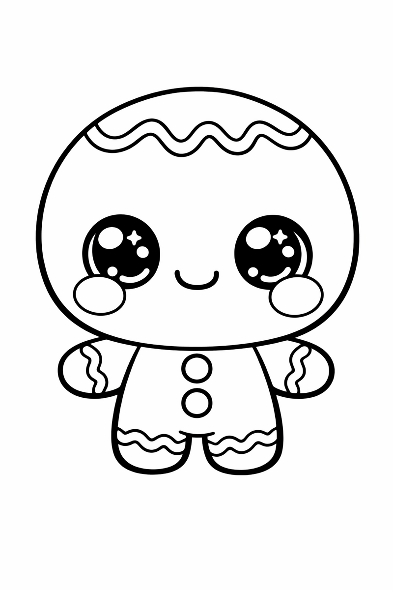 A tiny kawaii chibi gingerbread man with a huge round head, enormous sparkling eyes, round blush cheeks and stubby little arms coloring page