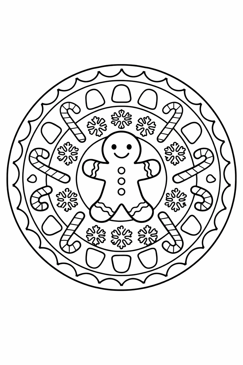 A round mandala with a gingerbread man at the centre surrounded by symmetrical rings of gumdrops, candy canes, snowflakes and icing scallops coloring page