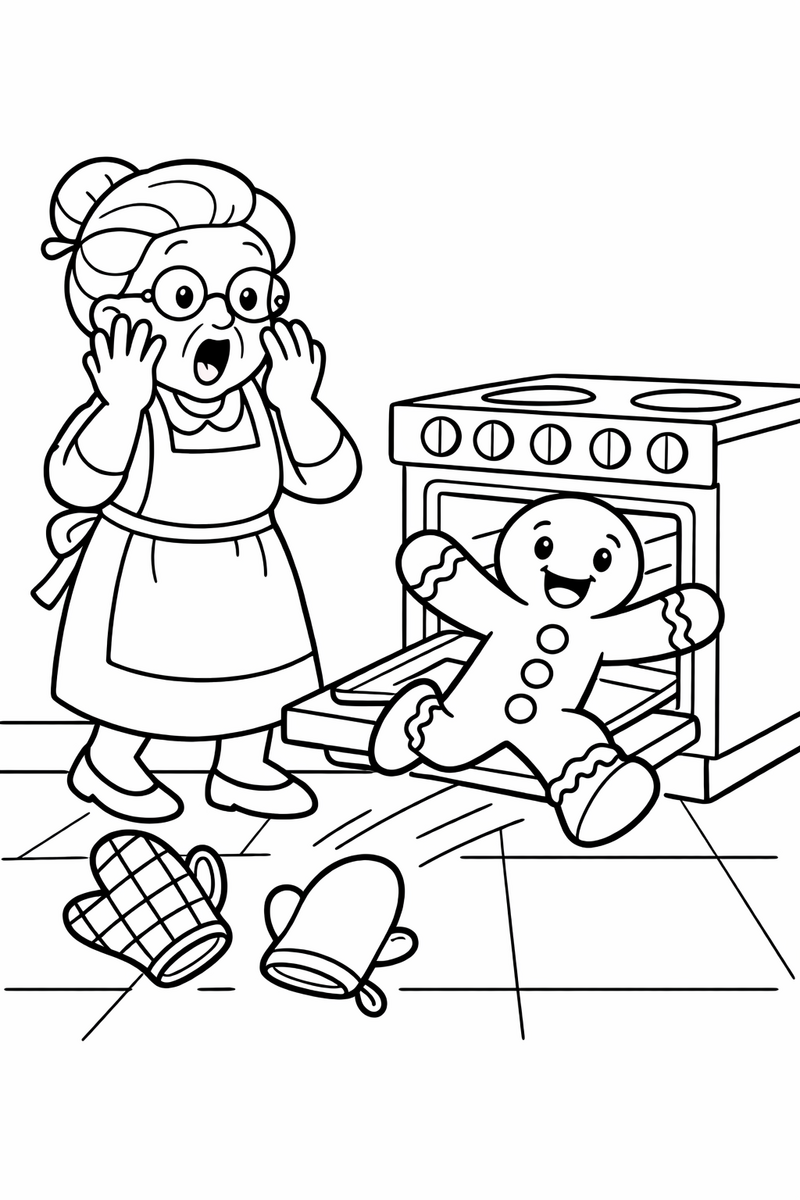 A gingerbread man cookie leaping out of an open oven door onto the kitchen floor while a surprised old woman drops her oven mitts coloring page