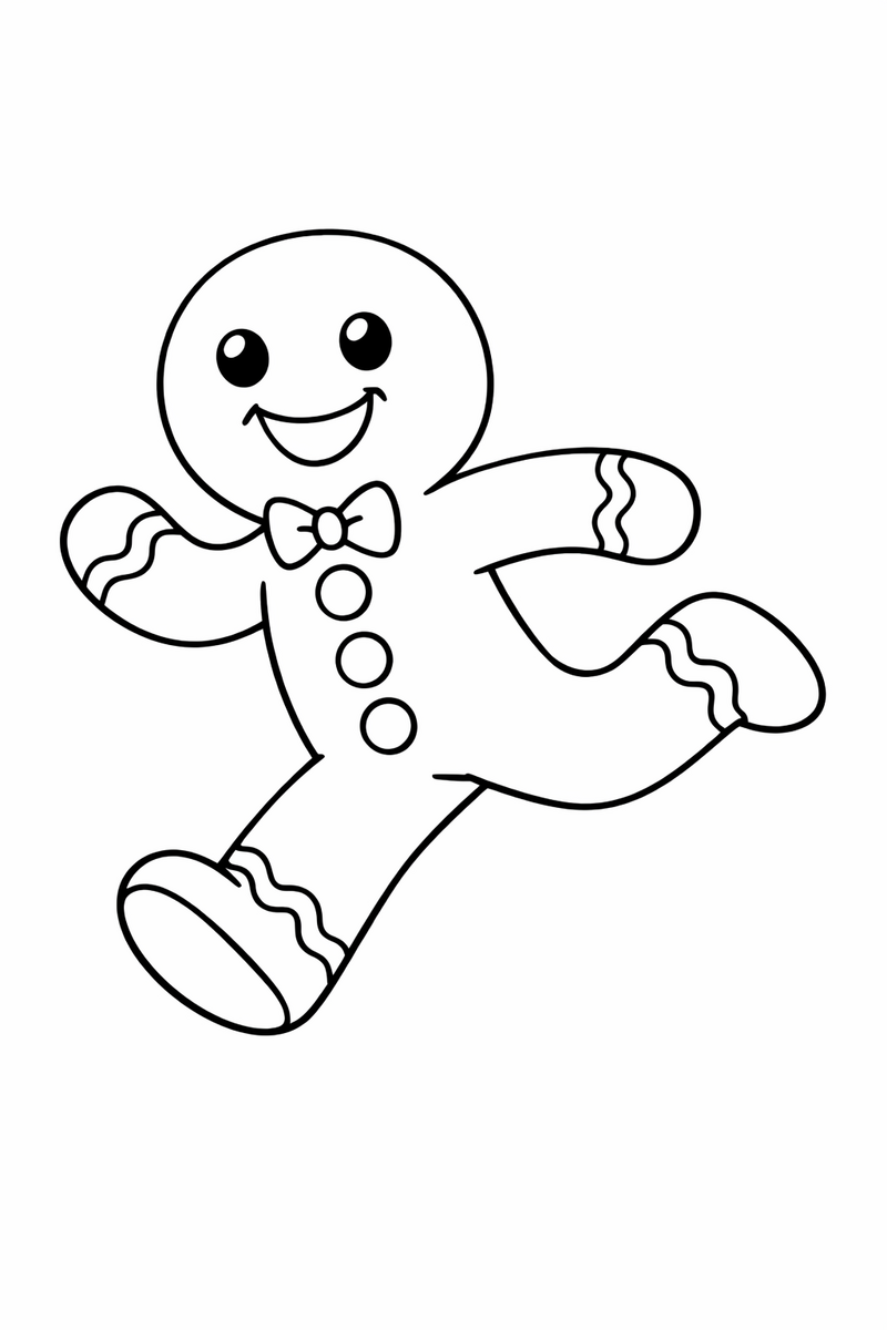 A gingerbread man cookie running as fast as he can with both arms swinging and one leg kicked high behind him coloring page