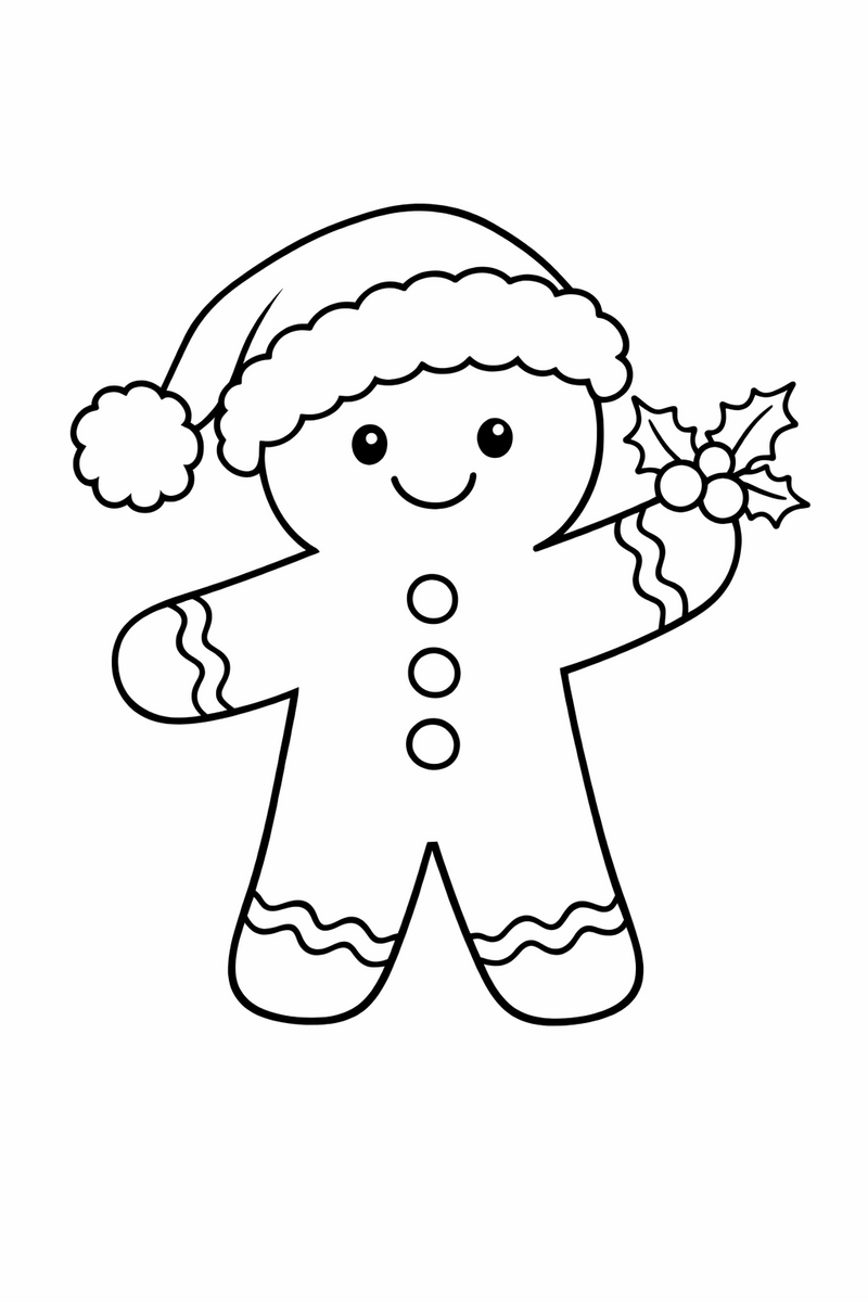 A gingerbread man wearing a floppy Santa hat with a fluffy pom pom and holding up a small sprig of holly berries coloring page