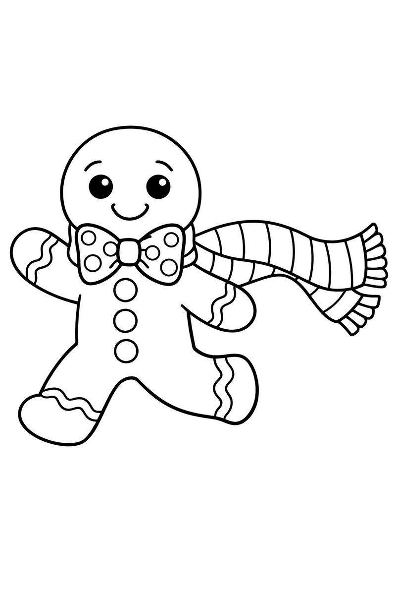 A gingerbread man wearing a long striped winter scarf that trails behind him and a big polka dot bow tie under his chin coloring page