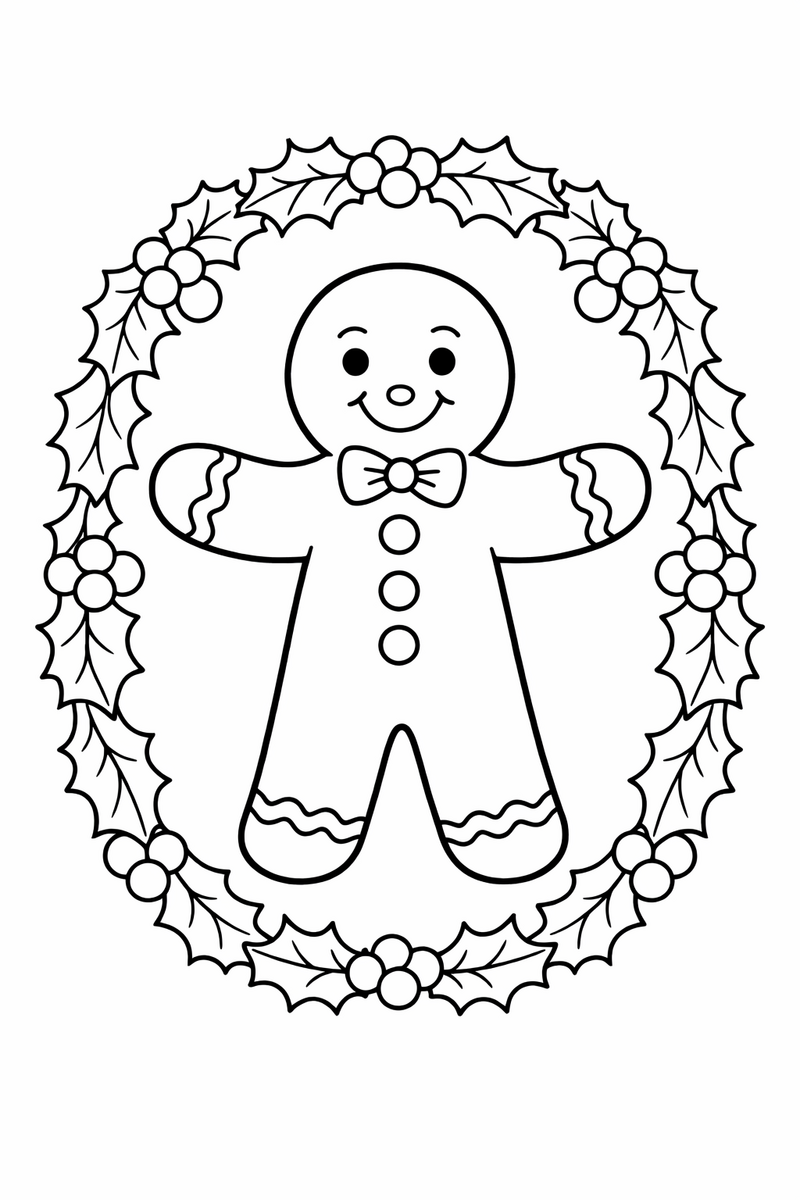 A classic storybook gingerbread man standing inside a decorative oval frame of holly leaves and berries, drawn in an old fashioned line style coloring page