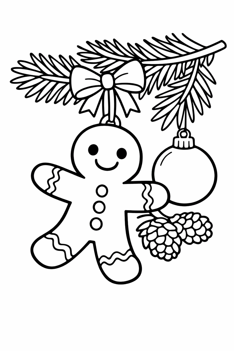 A gingerbread man hanging from a fir branch by a ribbon bow like a Christmas tree ornament, with pine needles and a round bauble beside him coloring page