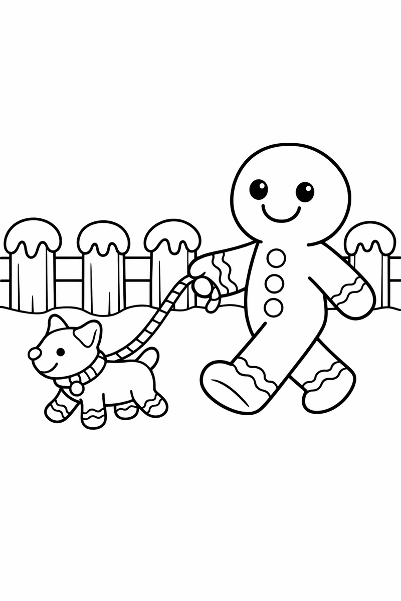 A gingerbread man walking a small gingerbread dog on a candy cane leash past a row of iced fence posts coloring page