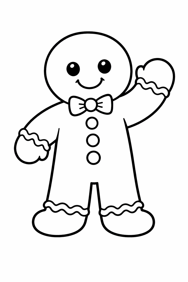 A cheerful gingerbread man cookie standing still and waving hello with one round mitten hand raised high above his head coloring page