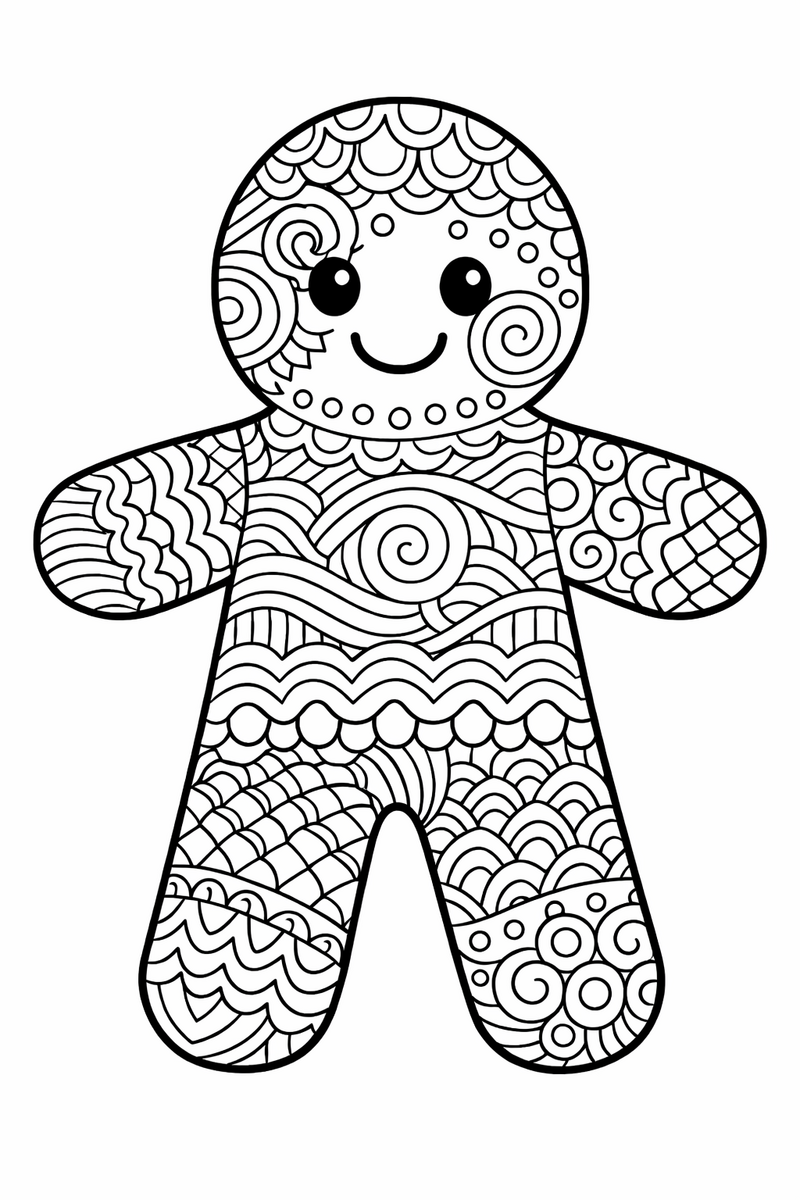 A large gingerbread man whose whole body is filled with dense zentangle patterns of spirals, waves, dots and tiny scallops coloring page