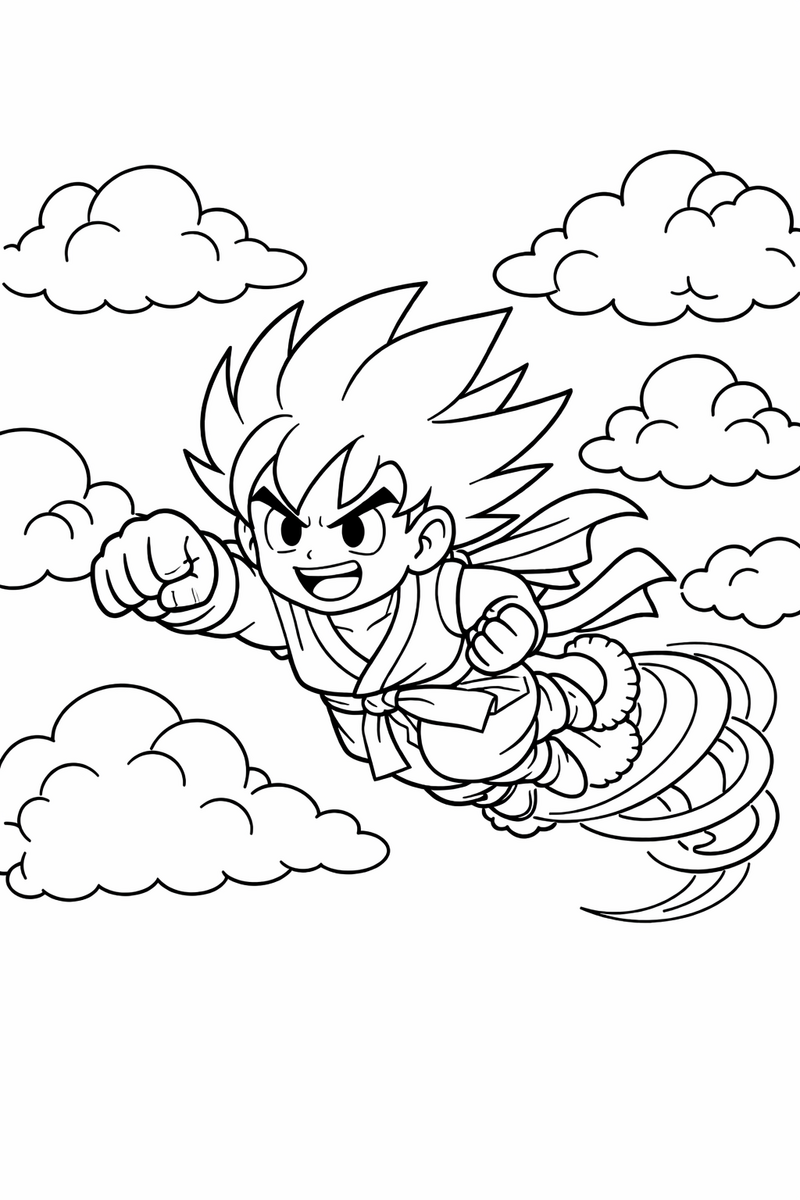 Goku volando a toda velocidad entre nubes enormes con un puño extendido hacia delante, el gi ondeando y una espiral de viento saliendo de sus talones, dibujo para colorear