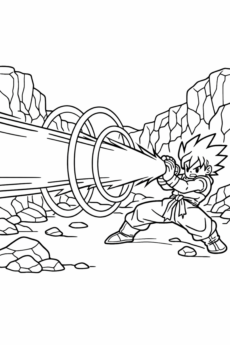 Goku inclinado hacia atrás con las dos manos juntas a la altura de la cadera, lanzando un haz ancho de energía sobre un cañón rocoso, dibujo para colorear