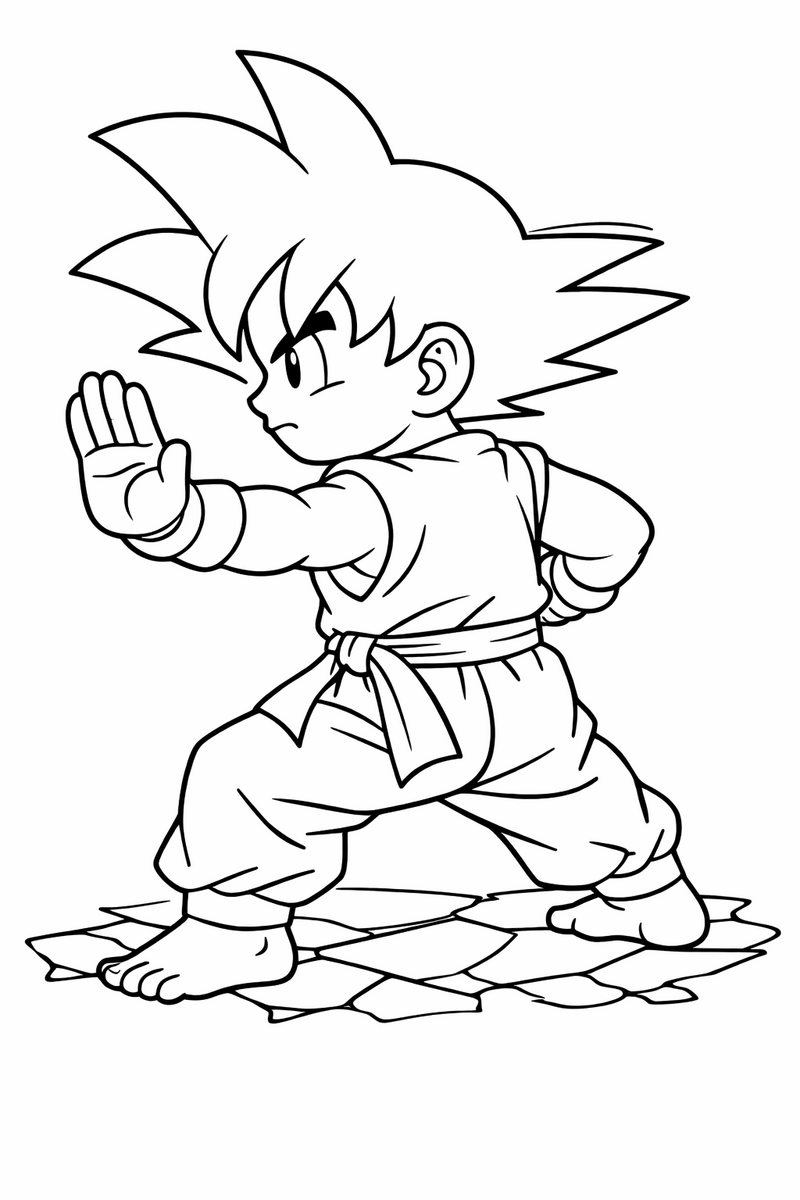 Goku en guardia de artes marciales de perfil, con una palma abierta al frente y el otro puño recogido junto a las costillas, descalzo sobre baldosas de piedra agrietadas, dibujo para colorear