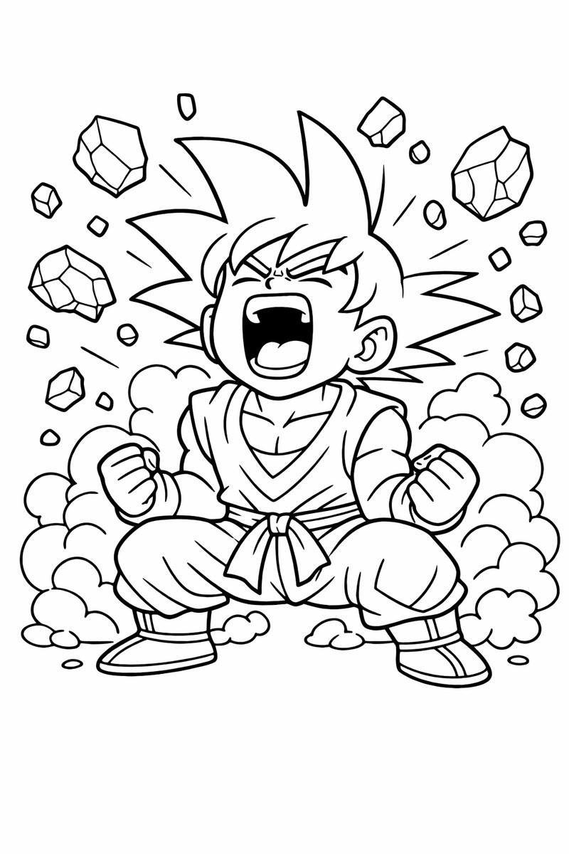 Goku agachado con los dos brazos flexionados y gritando hacia arriba mientras rocas partidas, polvo y piedrecitas flotan en el aire a su alrededor, dibujo para colorear