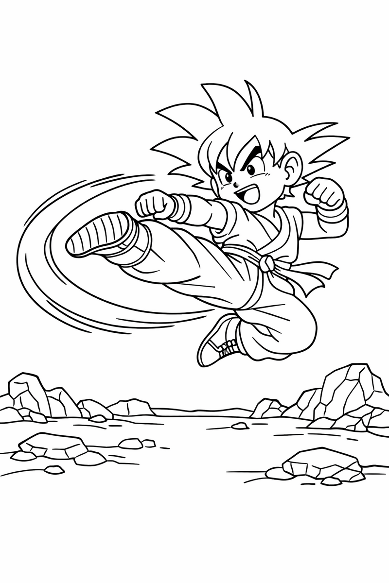 Goku en el aire lanzando una patada giratoria alta con una estela curva y larga detrás de la pierna sobre una llanura rocosa vacía, dibujo para colorear