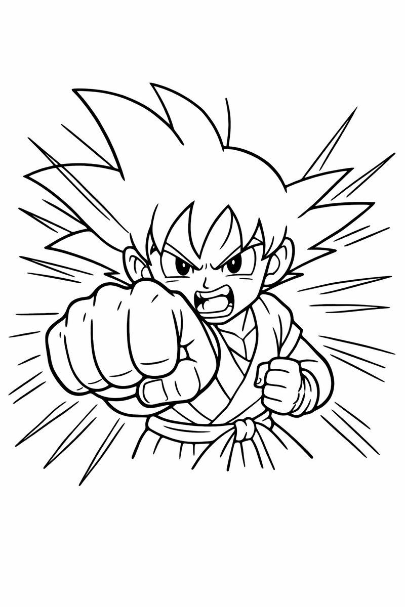 Goku lanzando un puñetazo recto hacia quien mira, con líneas de impacto saliendo de sus nudillos y el otro brazo recogido junto a las costillas, dibujo para colorear