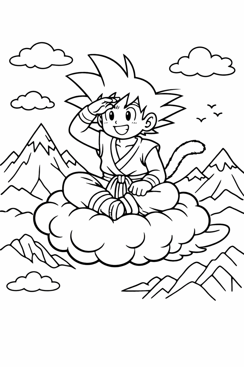 Goku sentado con las piernas cruzadas sobre una nubecita voladora, con una mano sobre los ojos, navegando por encima de una cordillera, dibujo para colorear