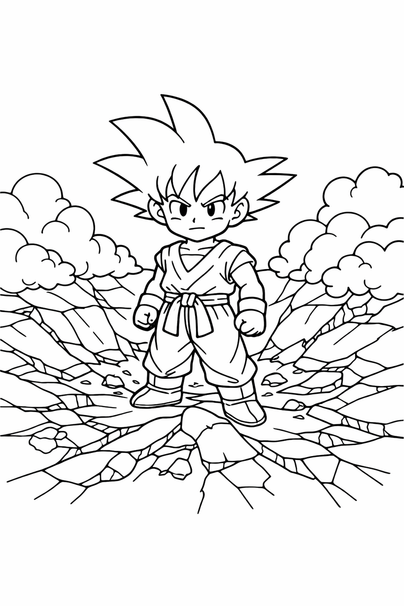 Goku de pie en el centro de un cráter ancho de roca partida, con grietas largas extendiéndose y nubes de polvo todavía suspendidas, dibujo para colorear