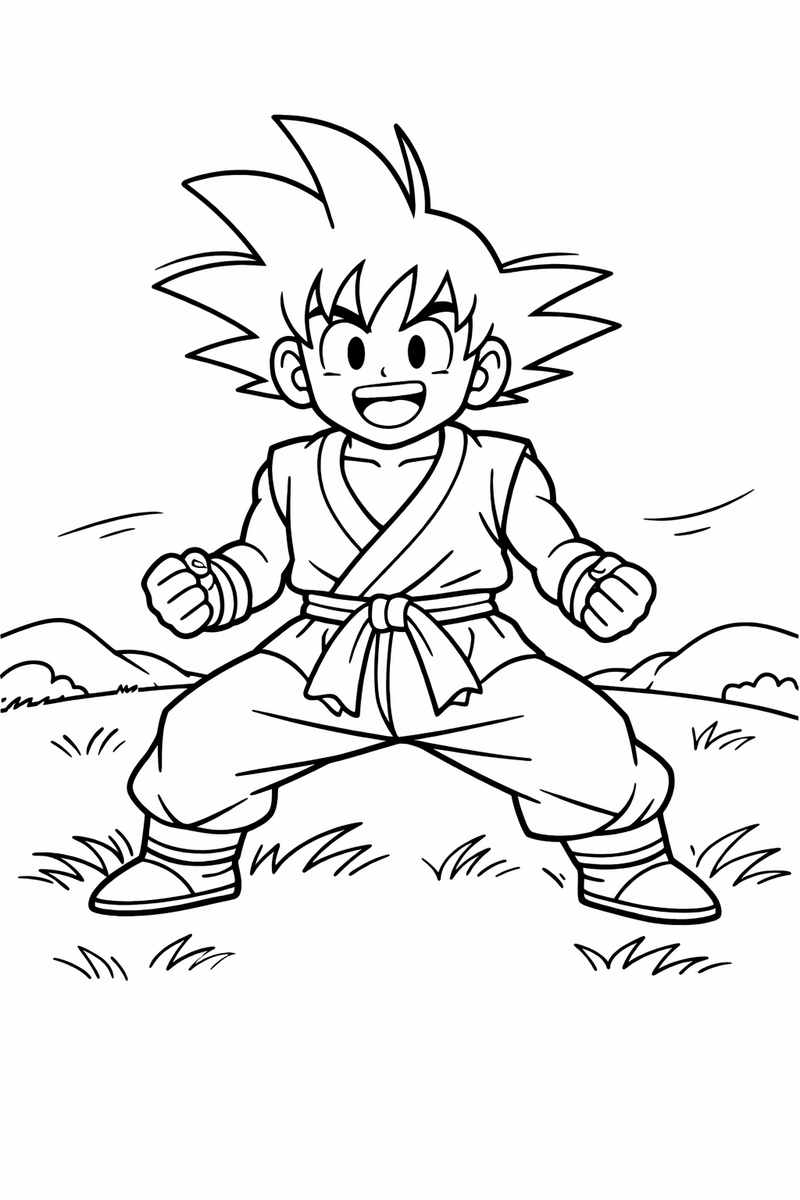 Goku, el artista marcial alegre de pelo negro puntiagudo con gi naranja, faja azul y muñequeras azules, en posición de guardia sobre una colina de hierba, dibujo para colorear