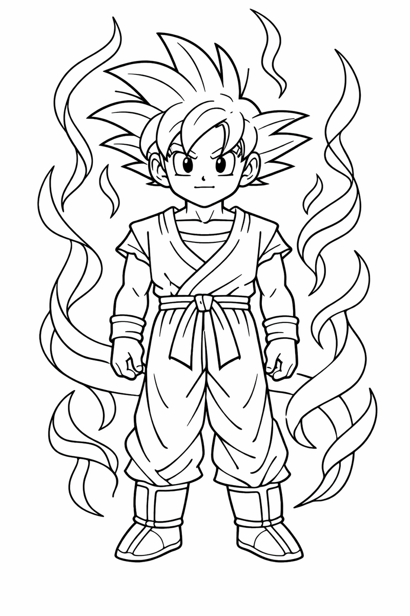 Goku de pie, completamente sereno y con los brazos relajados, mientras largas cintas de energía suben despacio a su alrededor y su pelo flota, dibujo para colorear