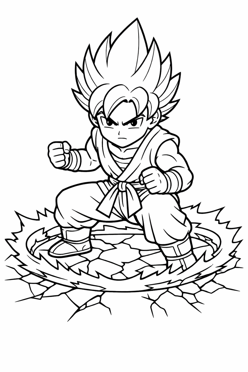 Goku en una pose de combate muy concentrada, con el pelo liso hacia arriba y la mirada serena, un anillo de energía extendiéndose a sus pies y grietas recorriendo la piedra, dibujo para colorear