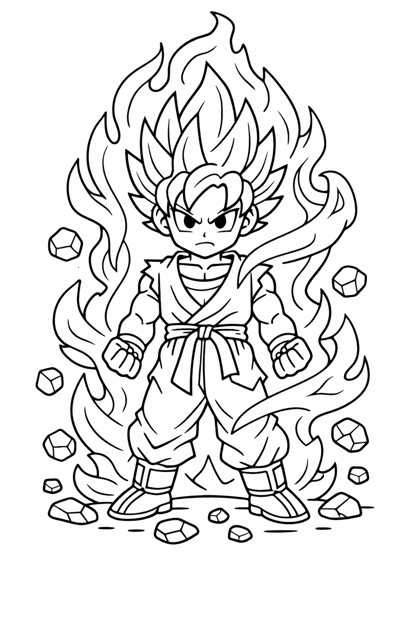 Goku con el pelo puntiagudo erizado hacia arriba y un aura de energía en forma de llamas rodeando todo su cuerpo, con los puños apretados y piedras levantándose del suelo, dibujo para colorear