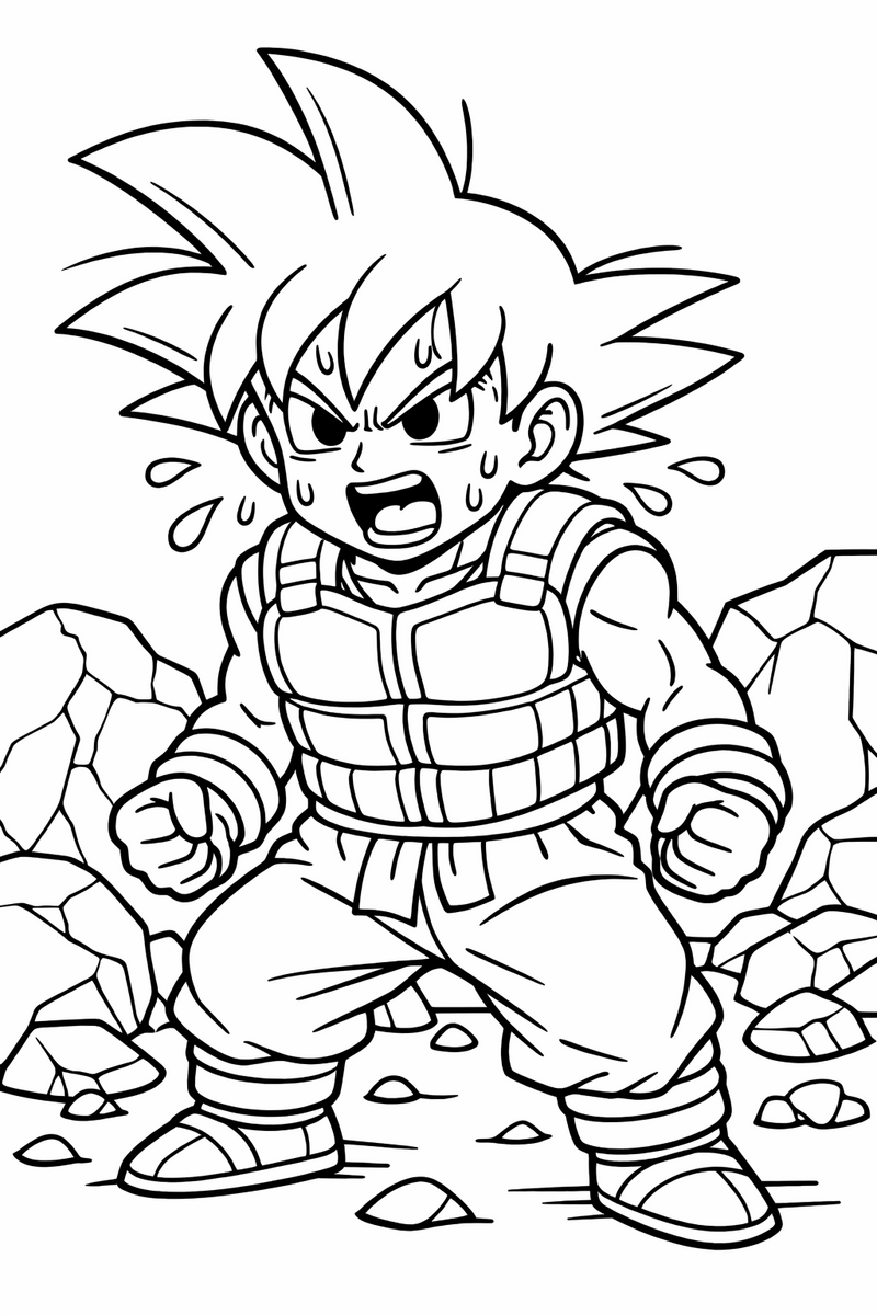 Goku con un chaleco de pesas y muñequeras gruesas de entrenamiento, respirando fuerte y con gotas de sudor, de pie entre rocas grandes, dibujo para colorear