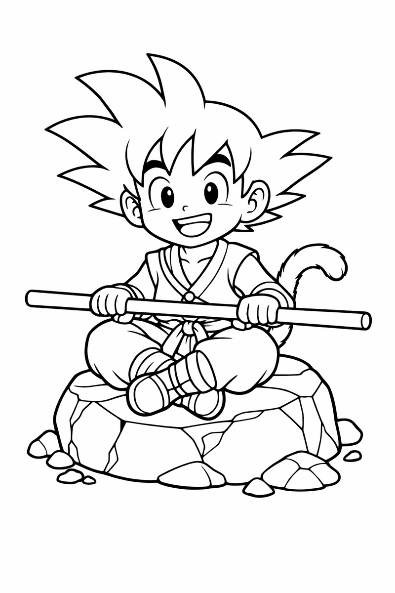Una versión niña y alegre de Goku, con el pelo alborotado y una colita de mono, sentado en una roca grande con un bastón largo sobre las rodillas, dibujo para colorear
