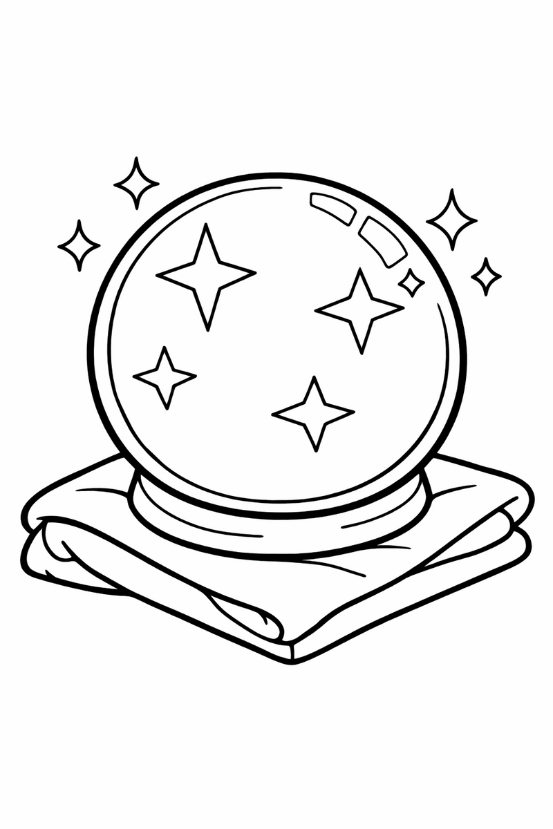 Una sola esfera de cristal grande con cuatro estrellas dentro, apoyada sobre un paño doblado, con destellos alrededor de su superficie curva y brillante, dibujo para colorear