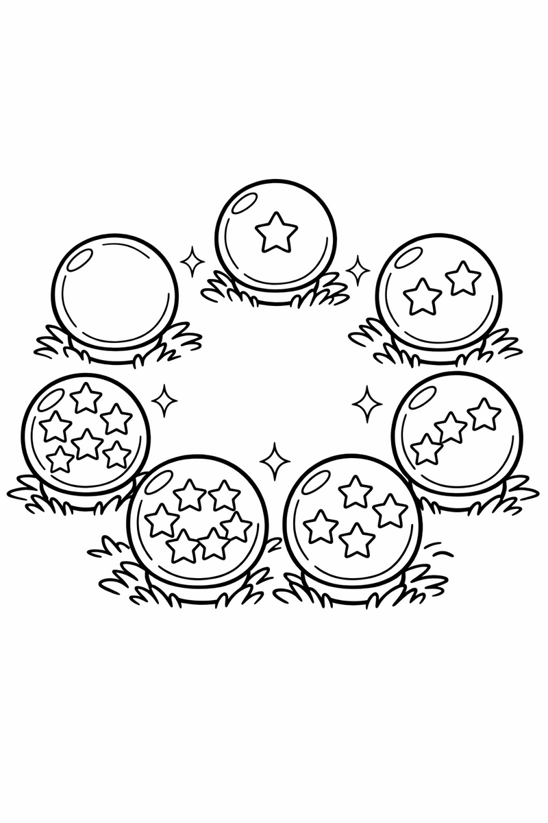 Siete esferas de cristal con estrellas marcadas dentro del vidrio, colocadas en un círculo amplio sobre la hierba con destellos entre ellas, dibujo para colorear
