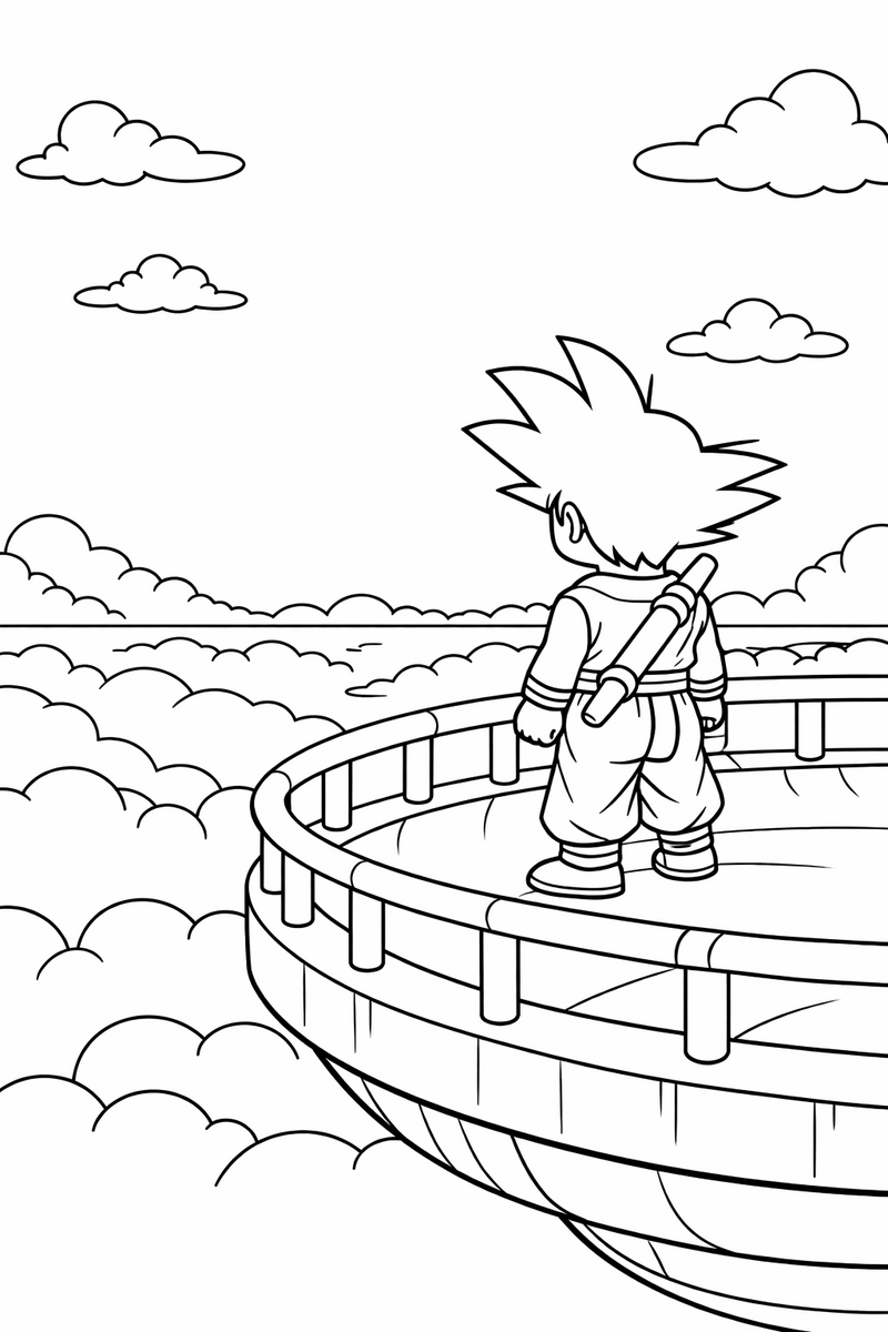 Goku de pie al borde de una plataforma redonda y flotante con una barandilla baja, muy por encima de un mar infinito de nubes, dibujo para colorear