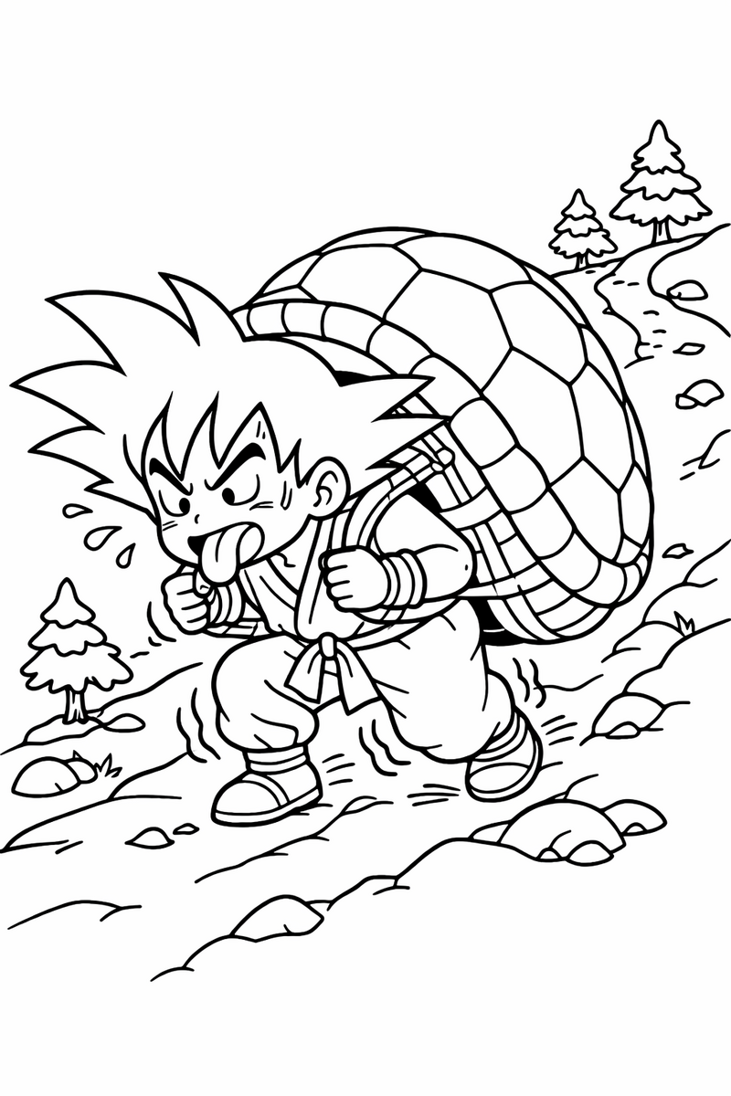 Goku subiendo un sendero de tierra empinado con un caparazón de tortuga enorme atado a la espalda, con la lengua fuera y las piernas temblando, dibujo para colorear